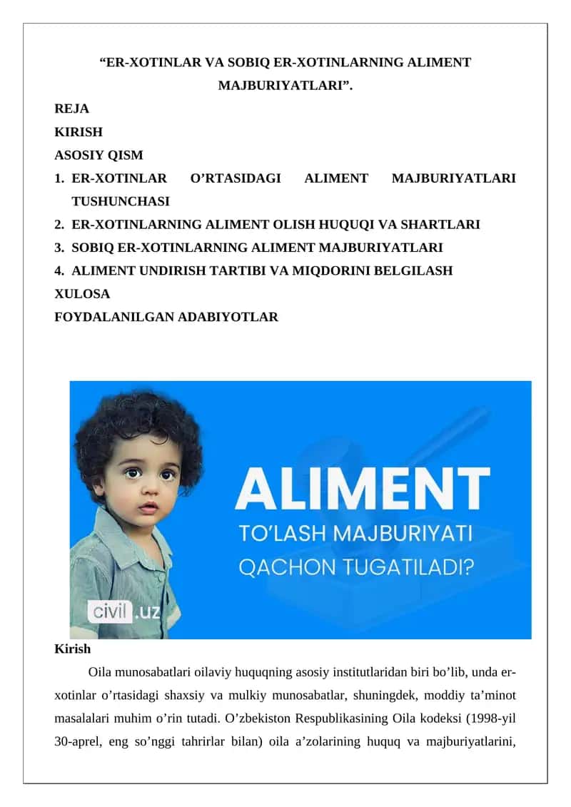 Er-xotinlar va sobiq er-xotinlarning aliment majburiyatlari