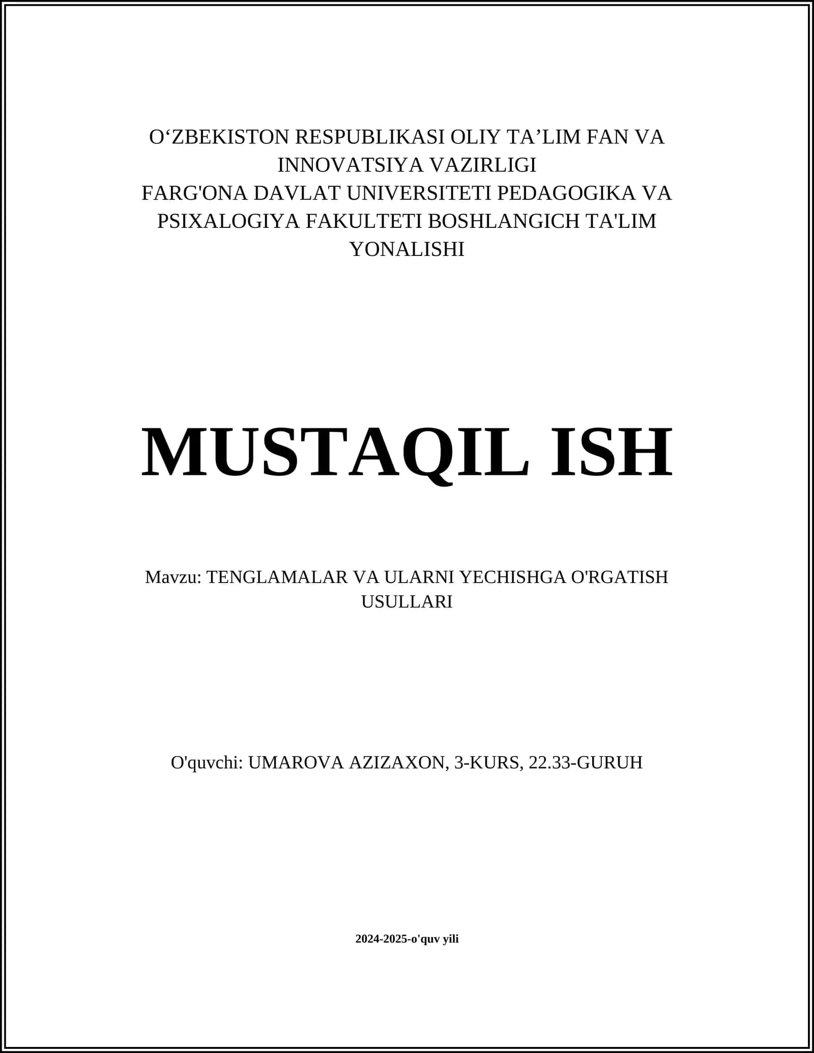TENGLAMALAR VA ULARNI YECHISHGA O'RGATISH USULLARI