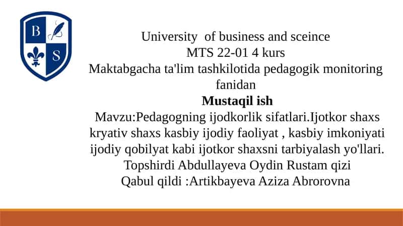 Pedagogning ijodkorlik sifatlari.Ijotkor shaxs kryativ shaxs kasbiy ijodiy faoliyat , kasbiy imkoniyati ijodiy qobilyat kabi ijotkor shaxsni tarbiyalash yo'llari.