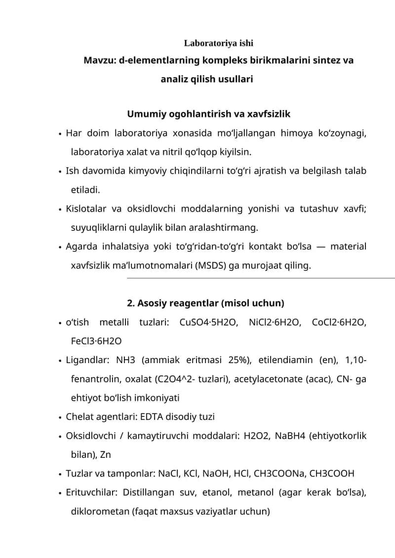 d-elementlarning kompleks birikmalarini sintez va analiz qilish usullari