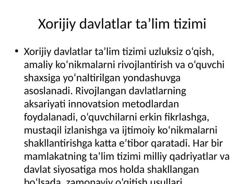 Xorijiy davlatlar ta’lim tizimi