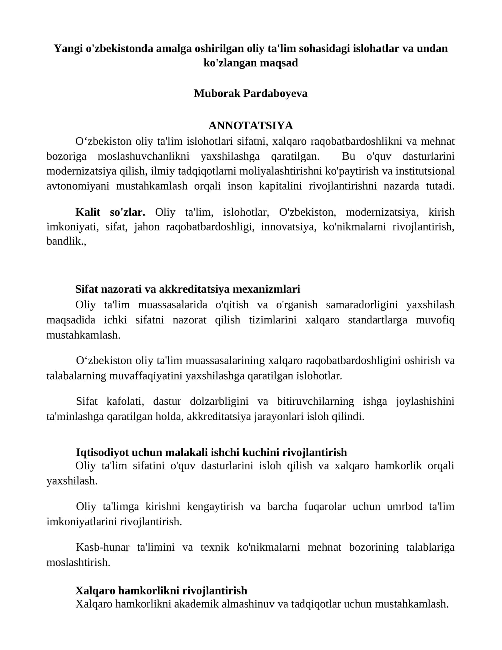 Yangi o'zbekistonda amalga oshirilgan oliy ta'lim sohasidagi islohatlar va undan ko'zlangan maqsad
