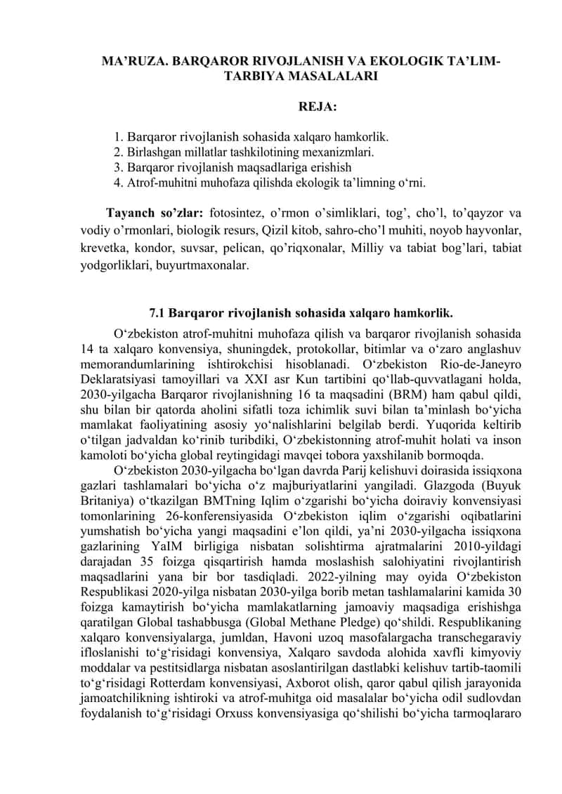 BARQAROR RIVOJLANISH VA EKOLOGIK TA’LIM-TARBIYA MASALALARI