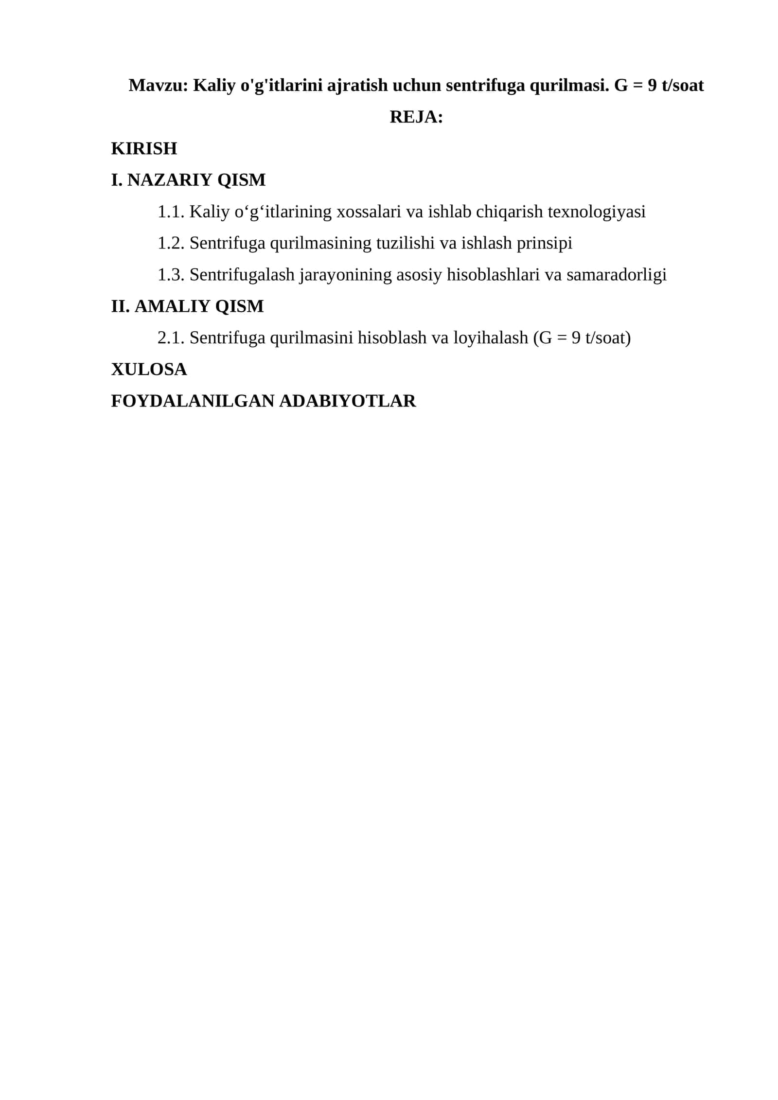 Kaliy o'g'itlarini ajratish uchun sentrifuga qurilmasi. G = 9 t/soat