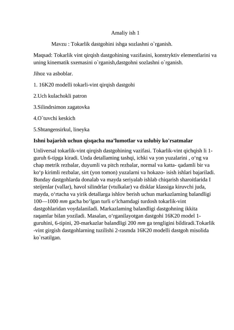 Tokarlik dastgohini ishga sozlashni o`rganish