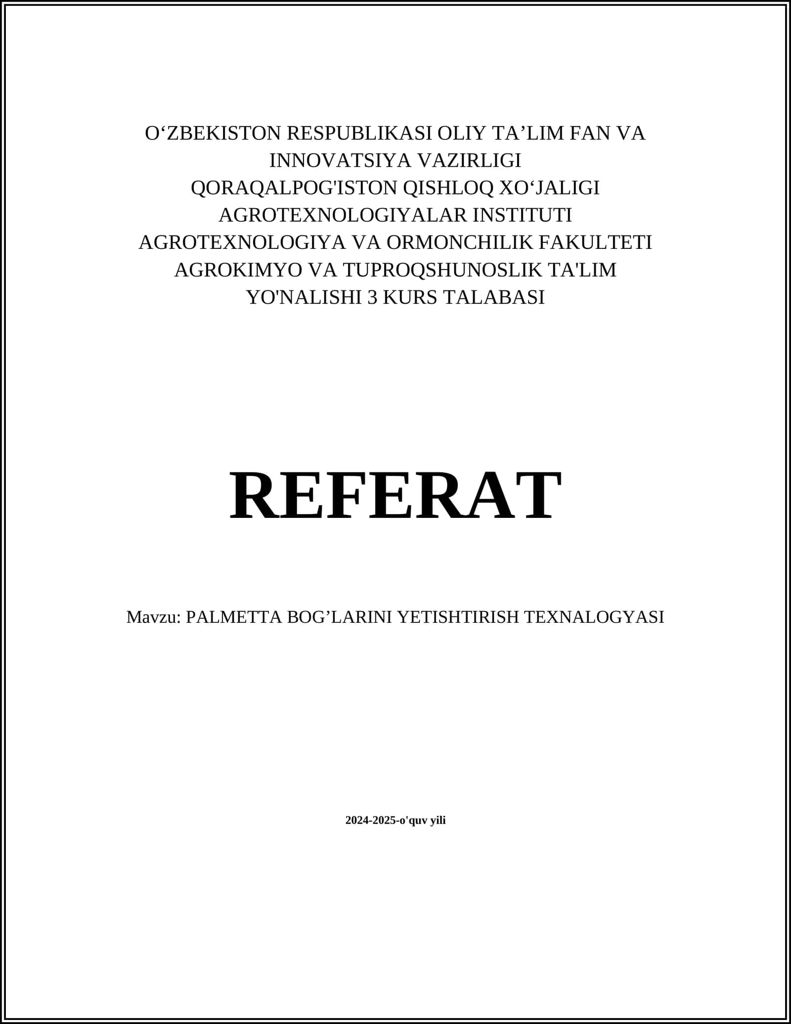 PALMETTA BOG’LARINI YETISHTIRISH TEXNALOGYASI
