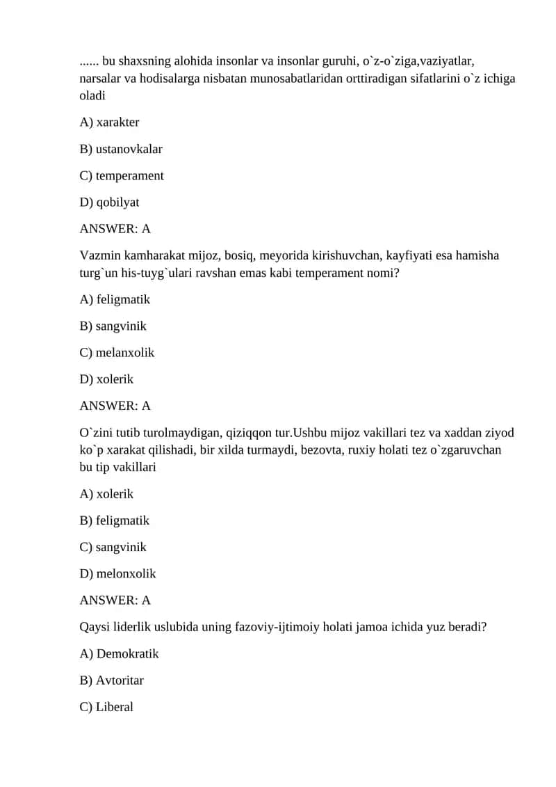 Psixologiya fanidan test savollari