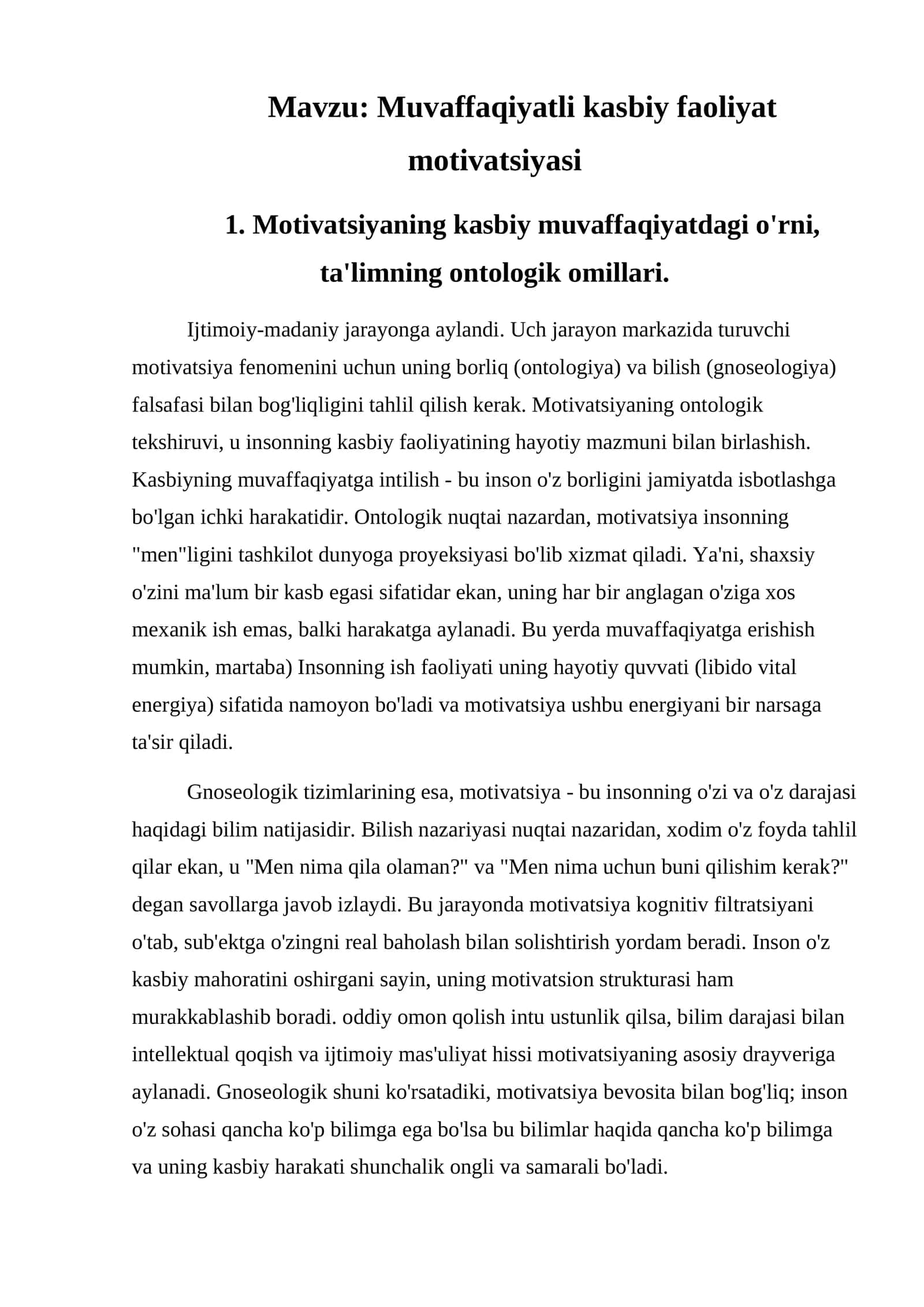 Muvaffaqiyatli kasbiy faoliyat motivatsiyasi