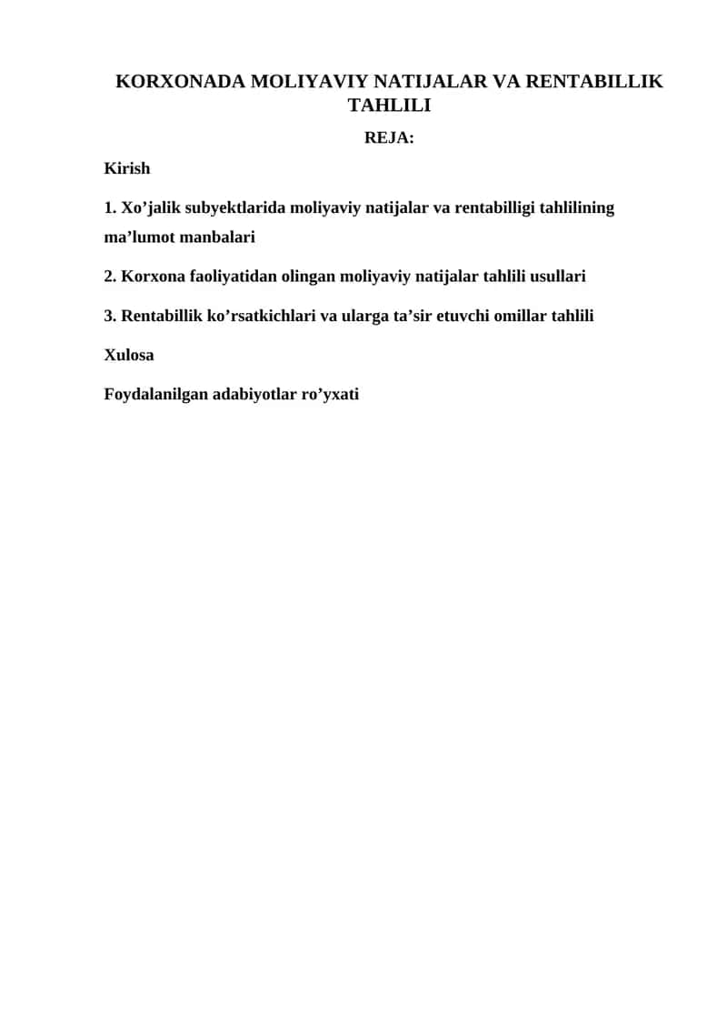 KORXONADA MOLIYAVIY NATIJALAR VA RENTABILLIK TAHLILI
