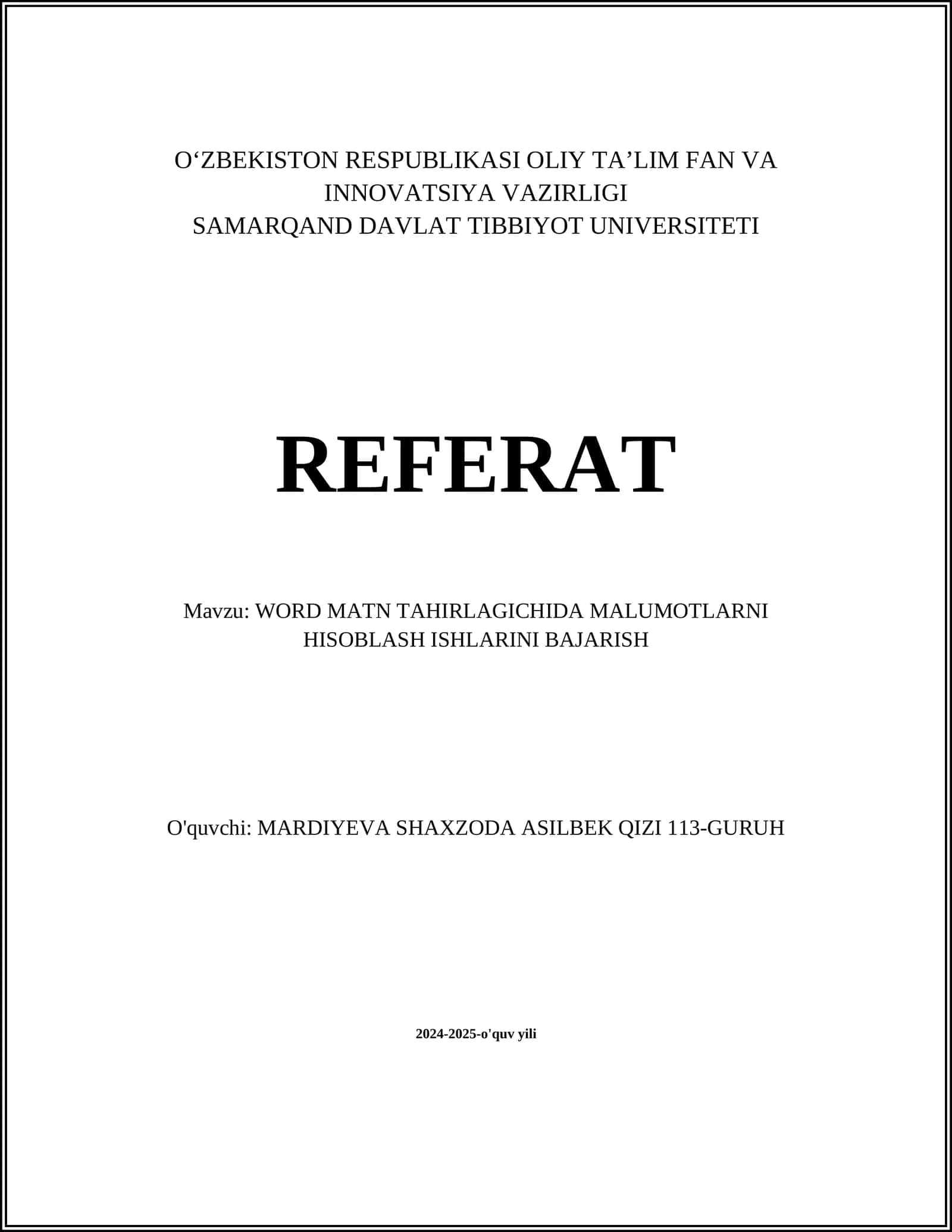 WORD MATN TAHIRLAGICHIDA MALUMOTLARNI HISOBLASH ISHLARINI BAJARISH