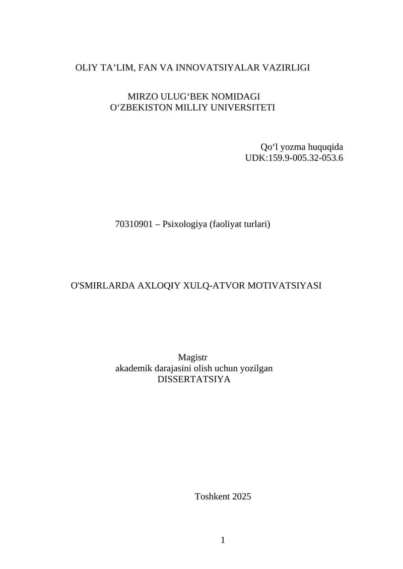 ‎‎   O'SMIRLАRDА AXLOQIY XULQ-ATVOR MOTIVATSIYASI