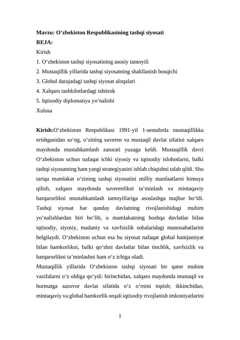 O‘zbekiston Respublikasining tashqi siyosati