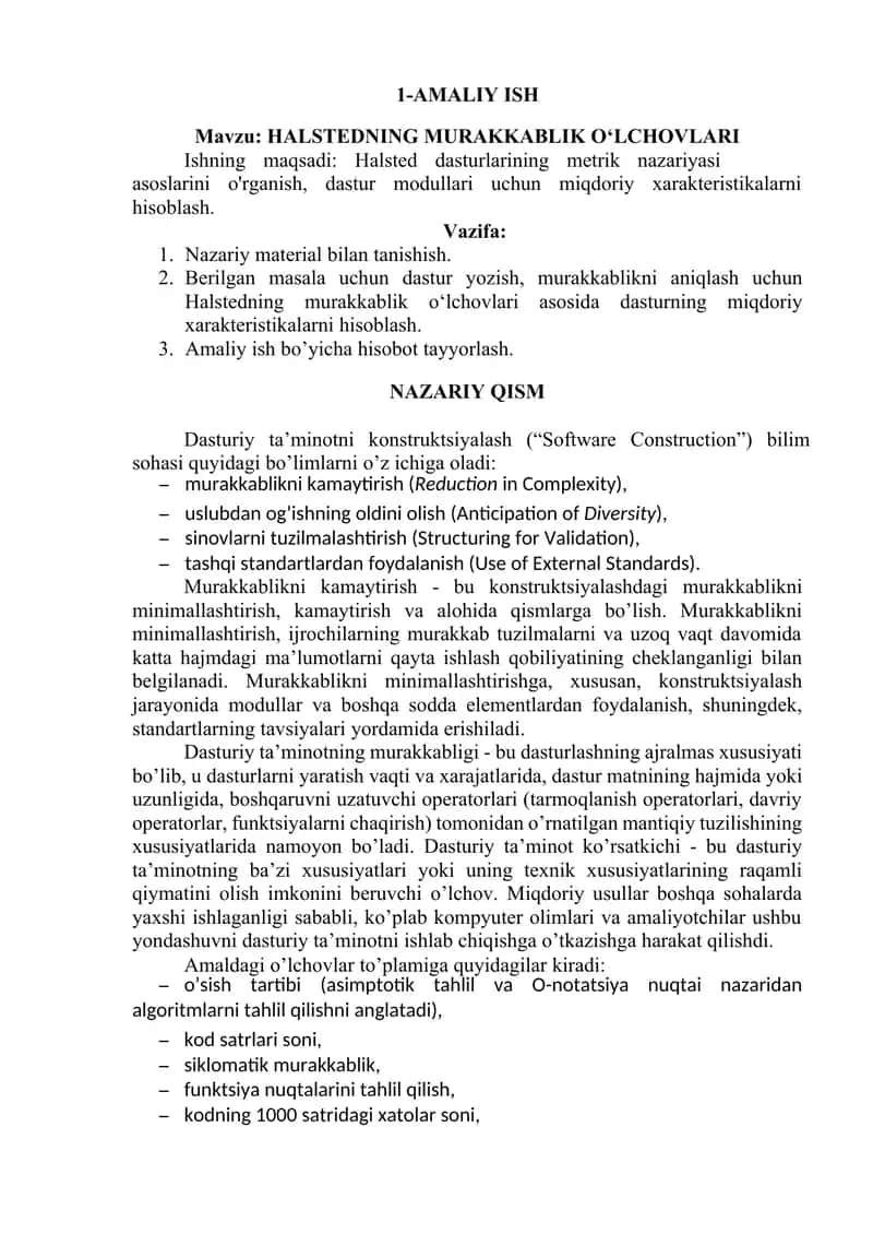 HALSTEDNING MURAKKABLIK O‘LCHOVLARI