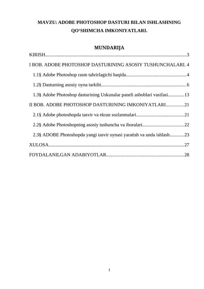 ADOBE PHOTOSHOP DASTURI BILAN ISHLASHNING QO‘SHIMCHA IMKONIYATLARI