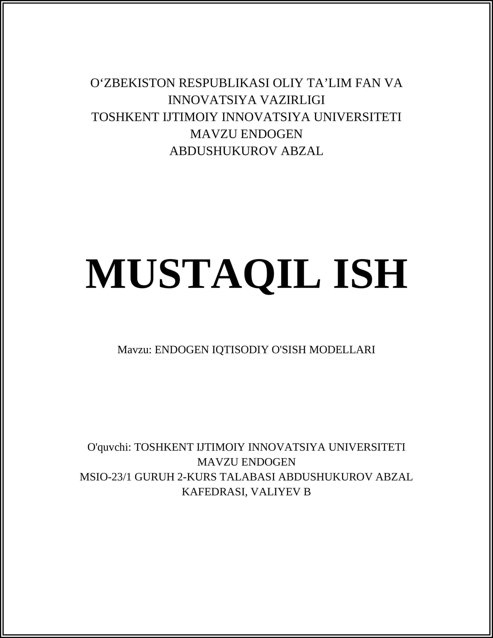 ENDOGEN IQTISODIY O'SISH MODELLARI