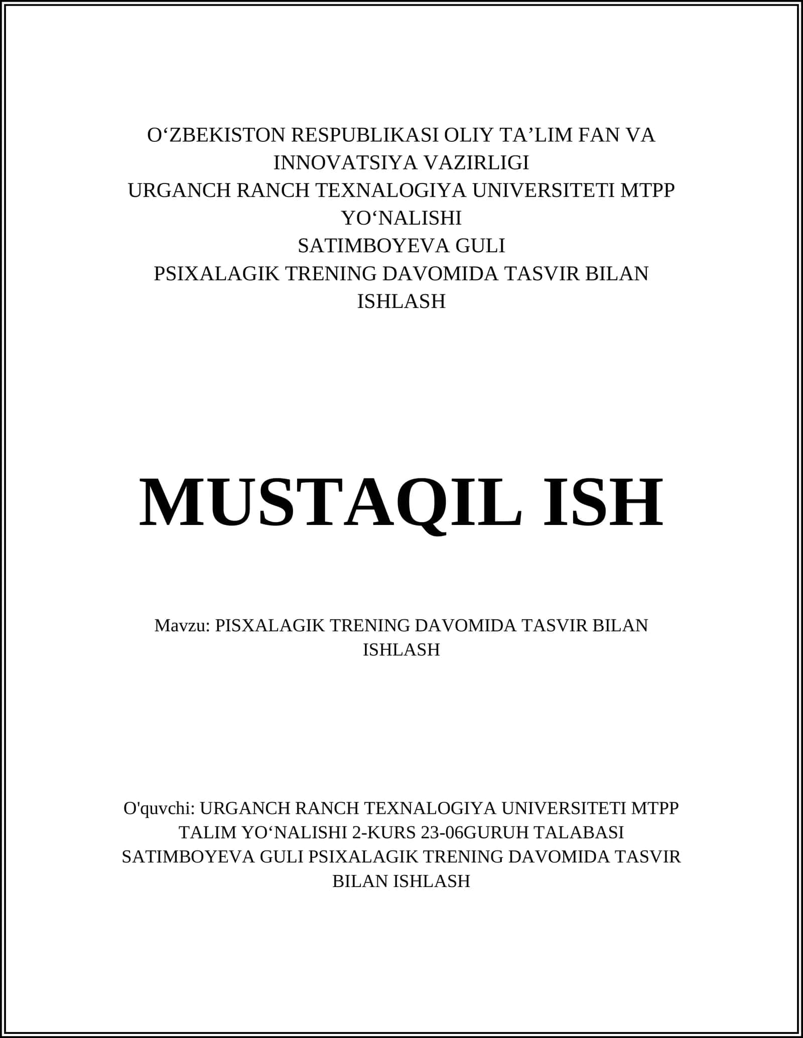 PSIXALAGIK TRENING DAVOMIDA TASVIR BILAN ISHLASH