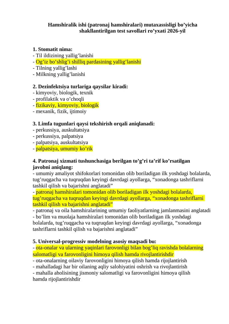 Hamshiralik ishi (patronaj hamshiralari) mutaxassisligi bo’yicha shakllantirilgan test savollari ro’yxati 2026-yil