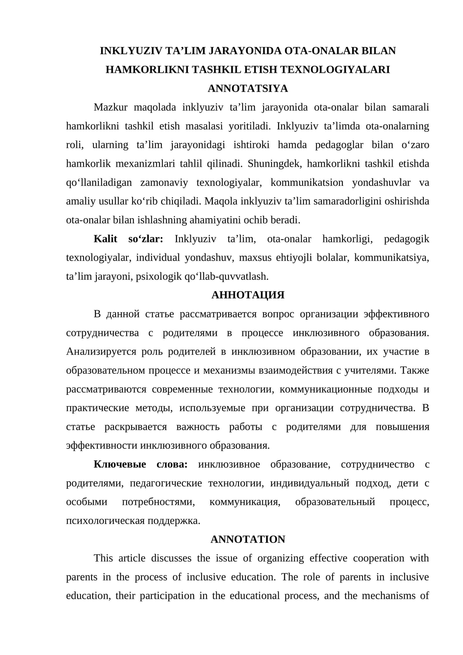 Inklyuziv taʼlim jarayonida ota-onalar bilan hamkorlikni tashkil etish texnologiyalari