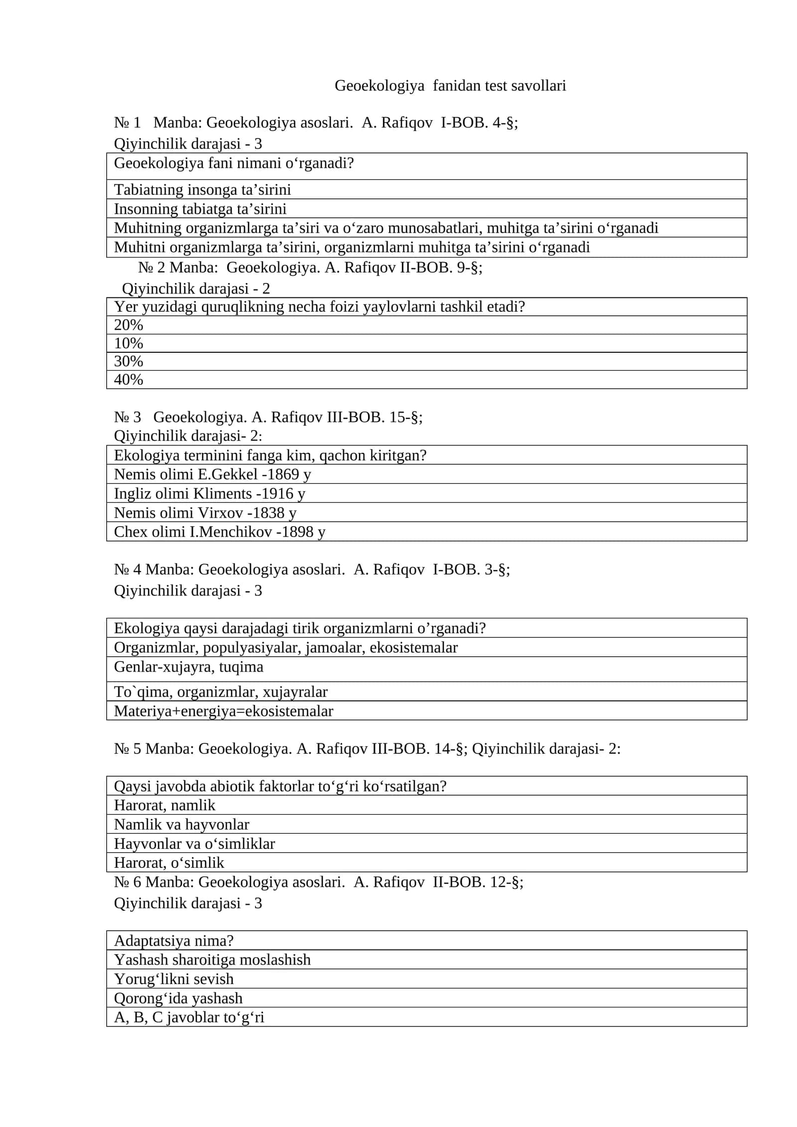 Geoekologiya fanidan test savollari