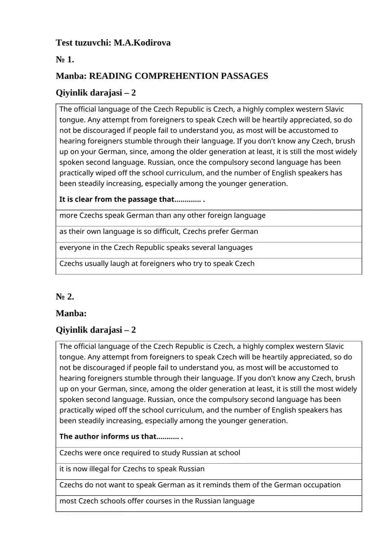 READING COMPREHENTION PASSAGES
