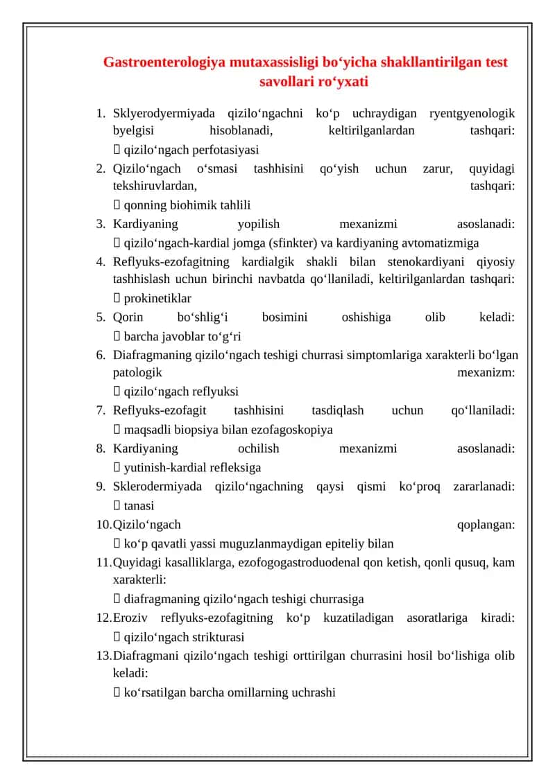 Gastroenterologiya mutaxassisligi boʻyicha shakllantirilgan test savollari roʻyxati