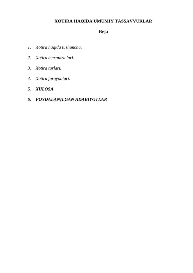 Xotira haqida umumiy tassavvurlar