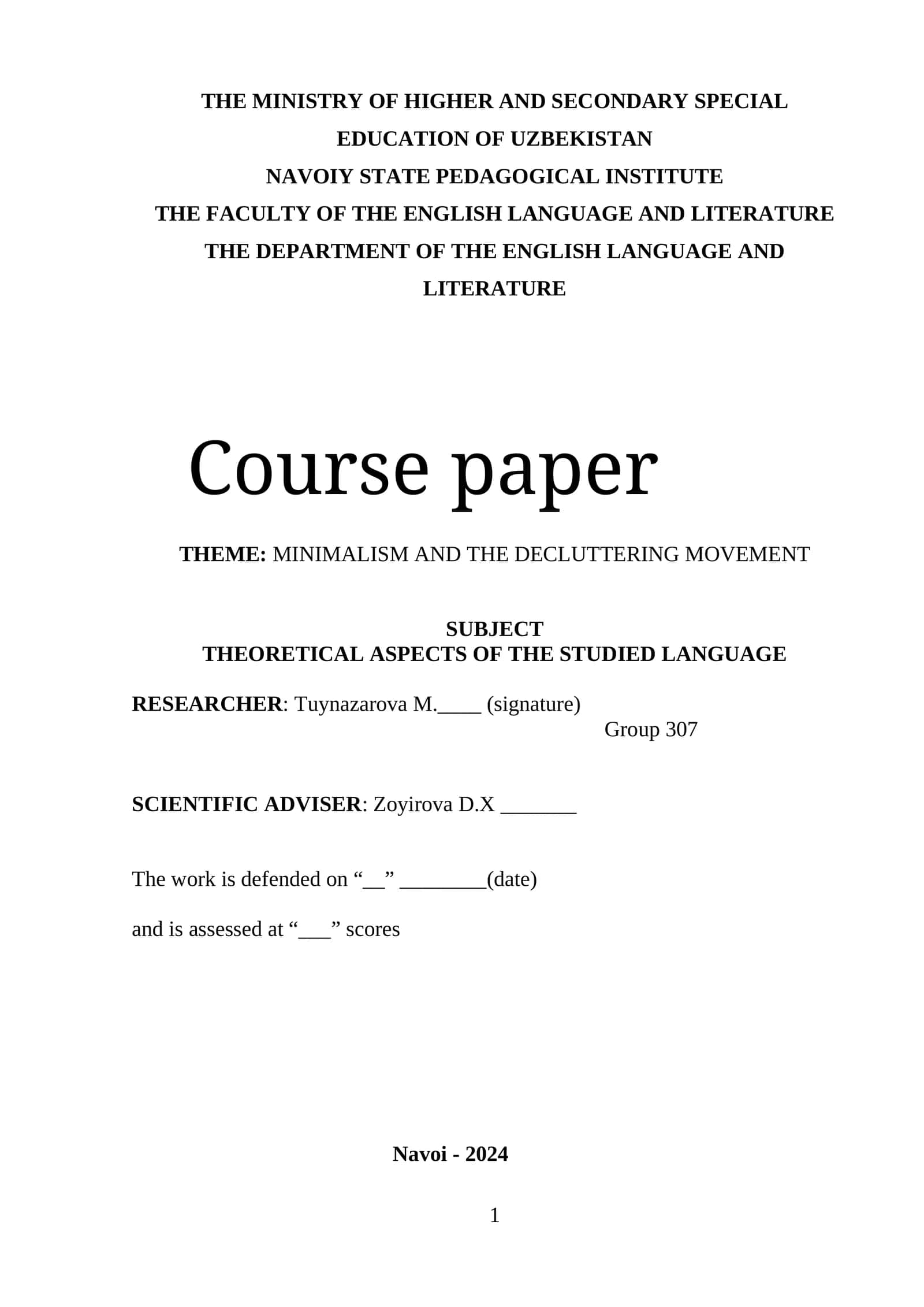 Course paper on Minimalism and the Decluttering Movement