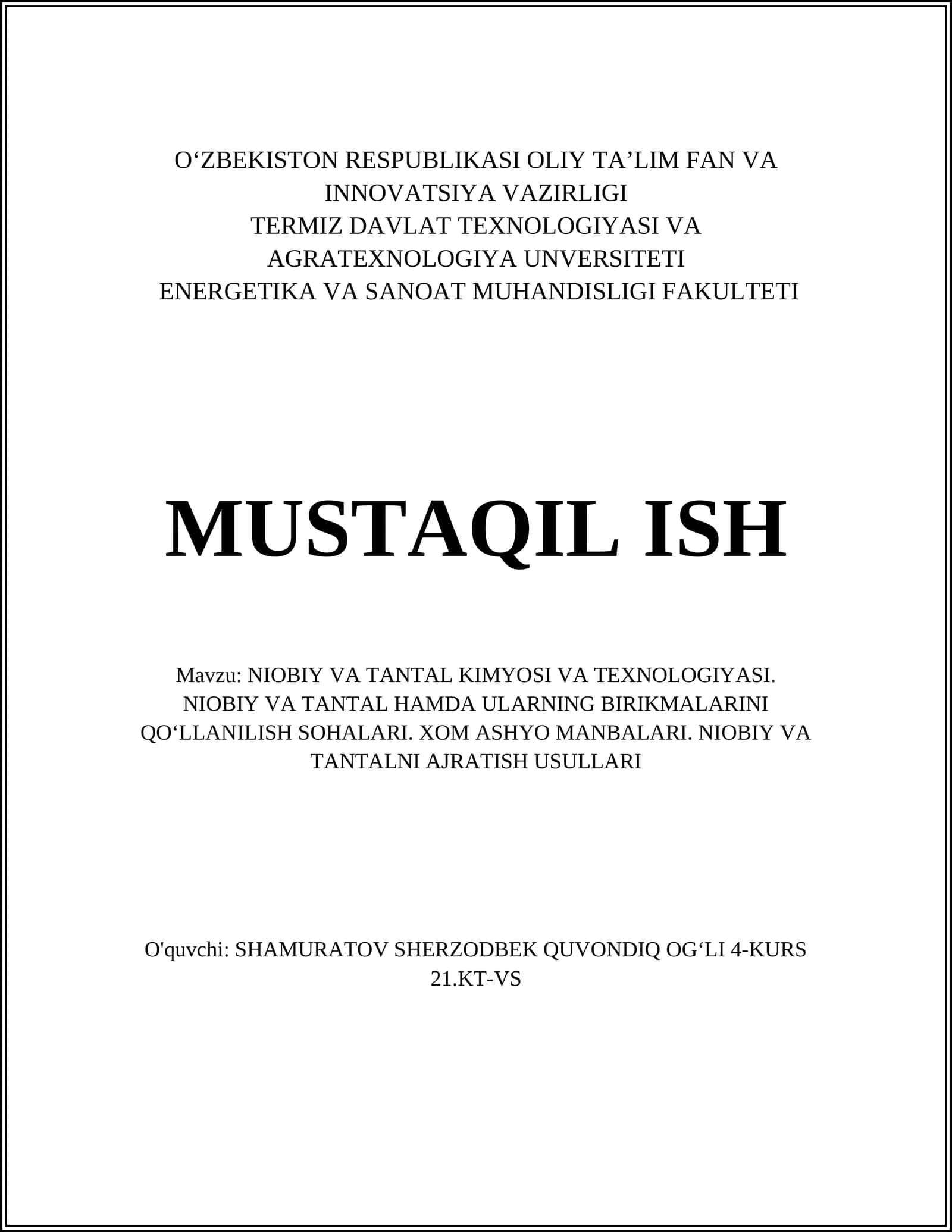 NIOBIY VA TANTAL KIMYOSI VA TEXNOLOGIYASI
