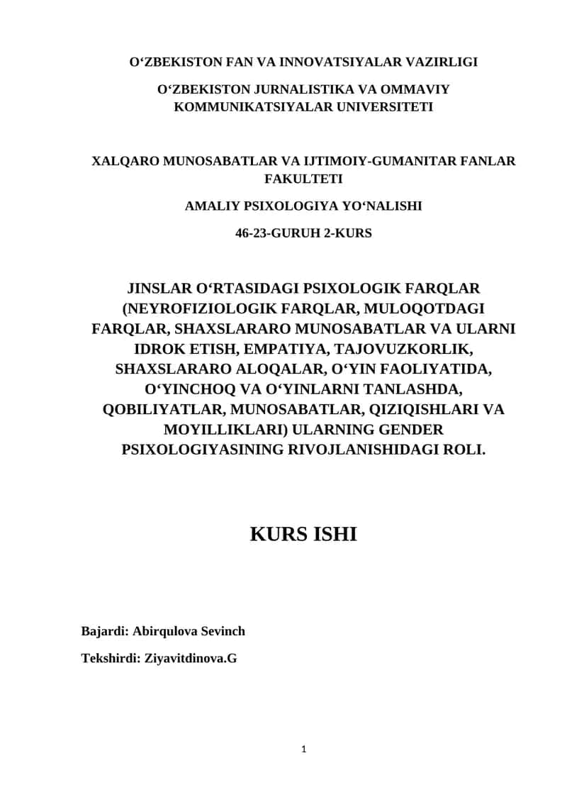 Jinslar O‘rtasidagi Psixologik Farqlar