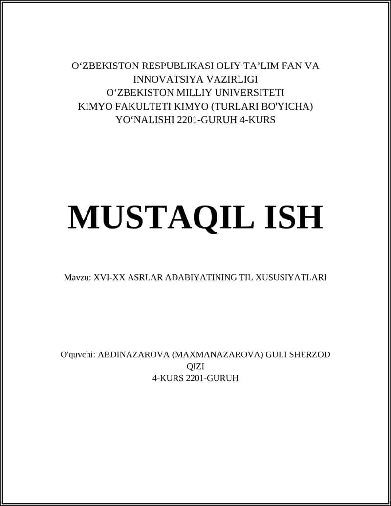 XVI-XX ASRLAR ADABIYATINING TIL XUSUSIYATLARI