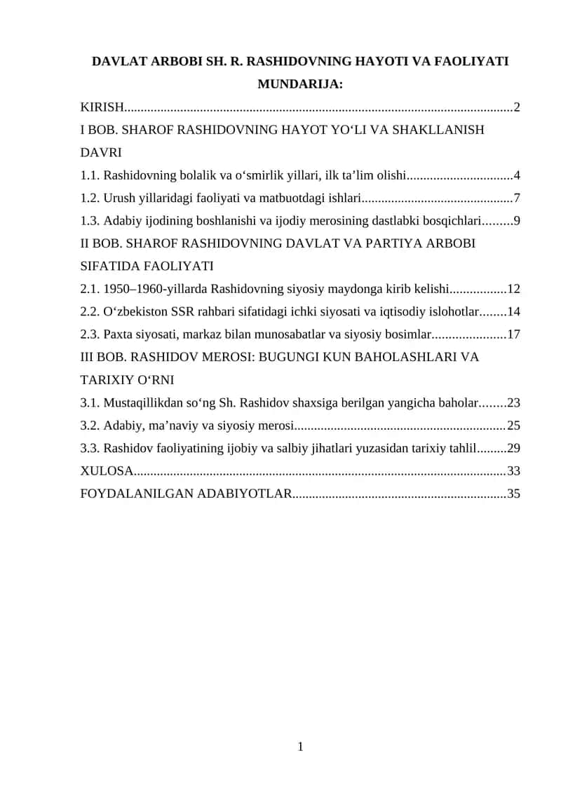 DAVLAT ARBOBI SH. R. RASHIDOVNING HAYOTI VA FAOLIYATI