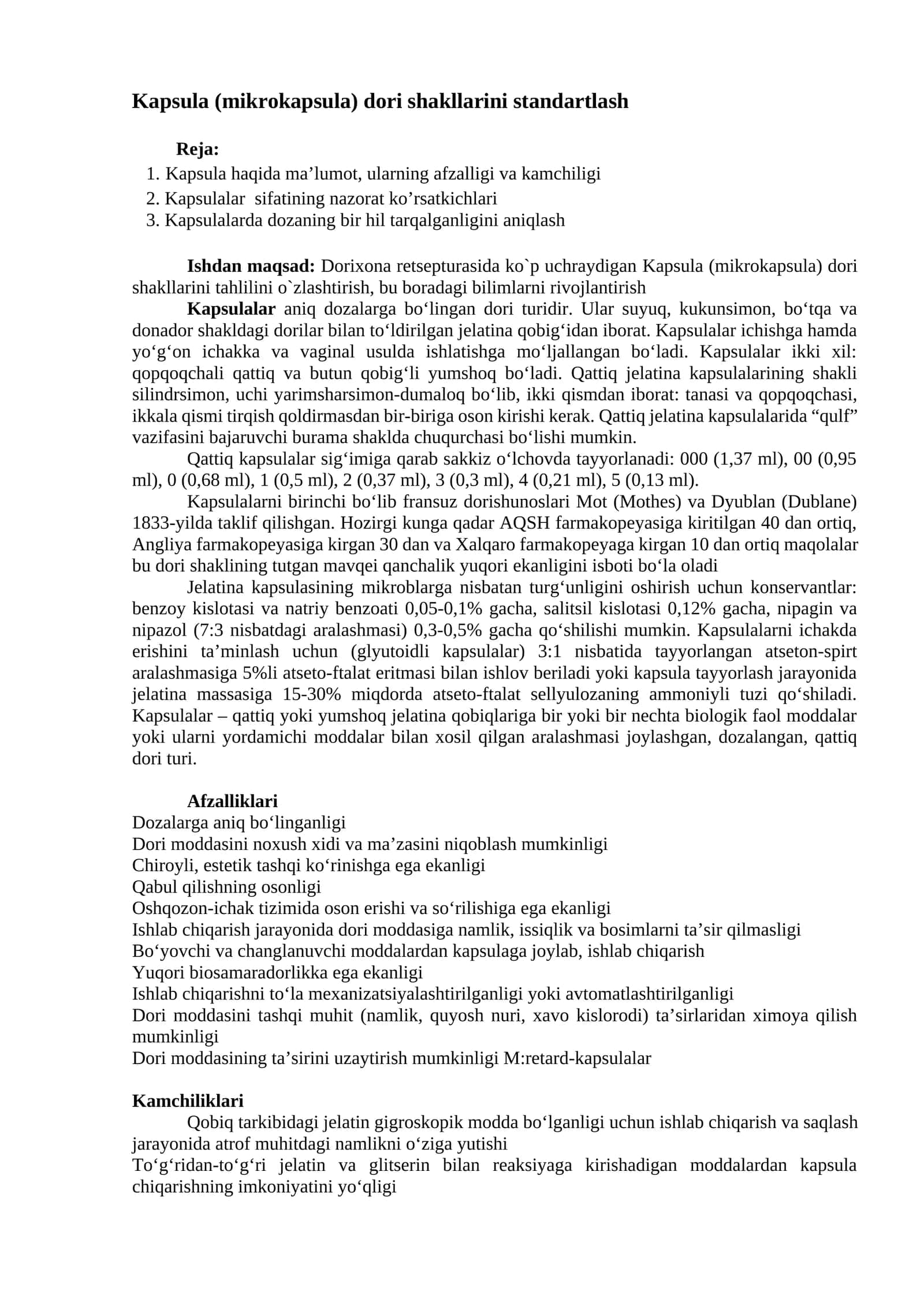 Kapsula (mikrokapsula) dori shakllarini standartlash