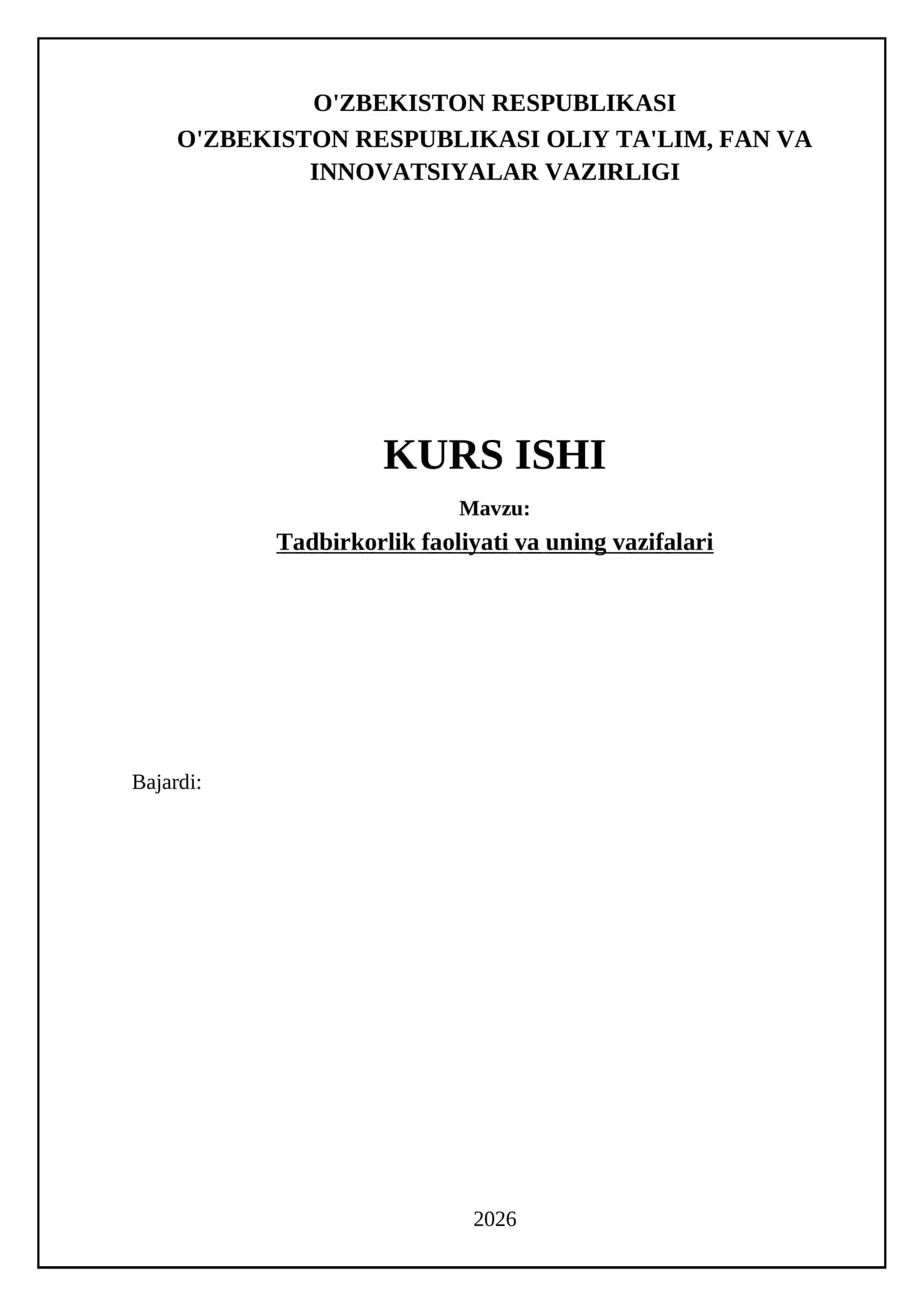 Tadbirkorlik faoliyati va uning vazifalari