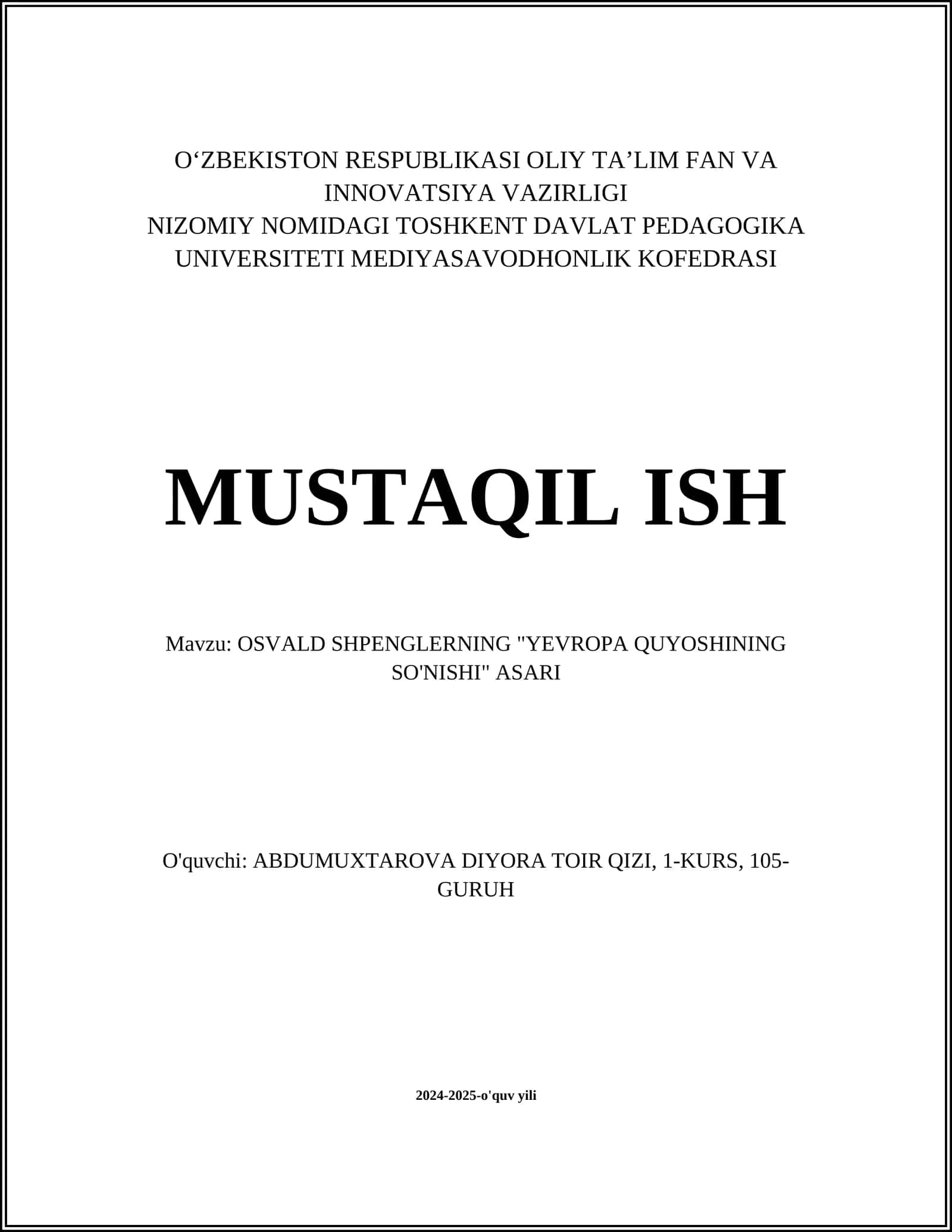 OSVALD SHPENGLERNING "YEVROPA QUYOSHINING SO'NISHI" ASARI