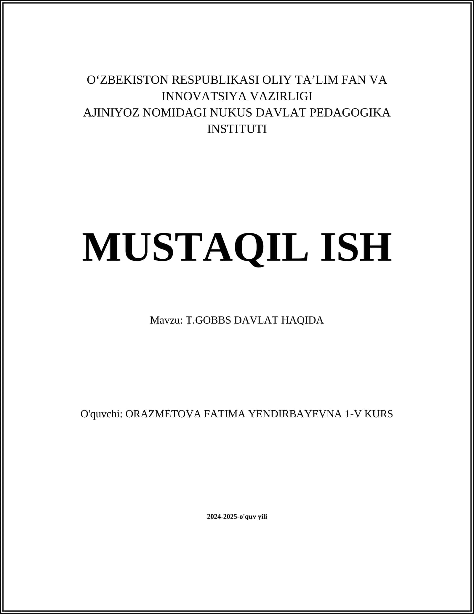 T.GOBBS DAVLAT HAQIDA