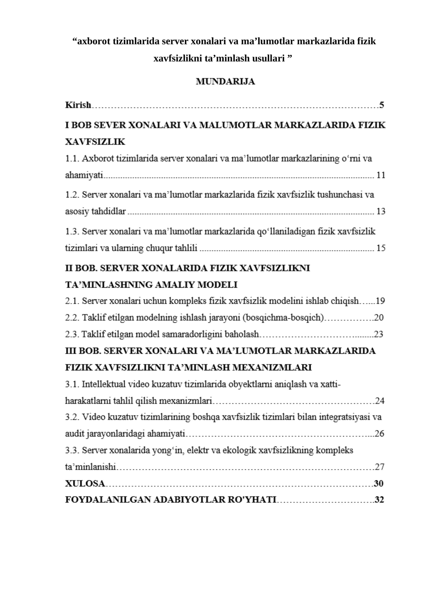 Server xonalari va ma’lumotlar markazlari xavfsizlikni ta’minlash usullari