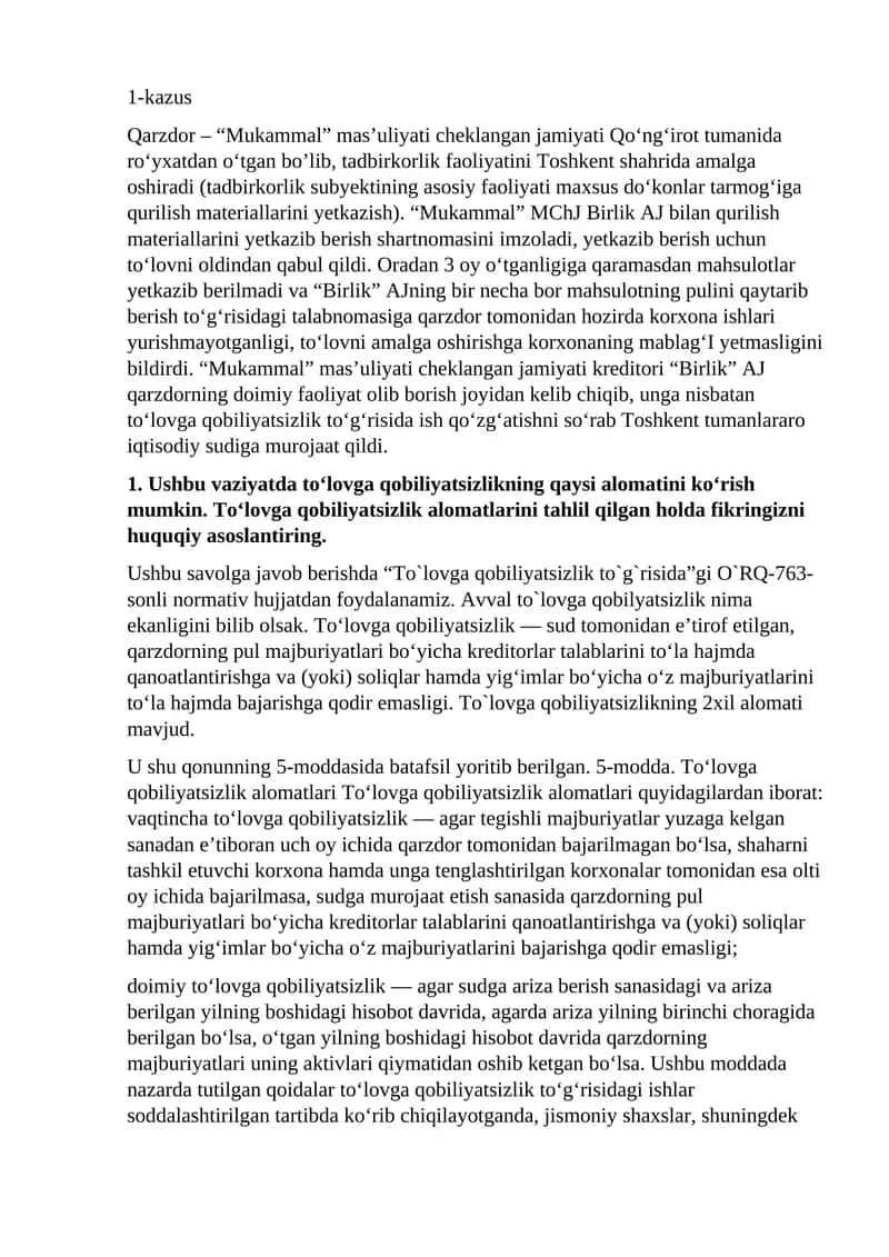 Biznes huquqidan amaliy kazuslar to'plami va ularga yechimlar 1-qism