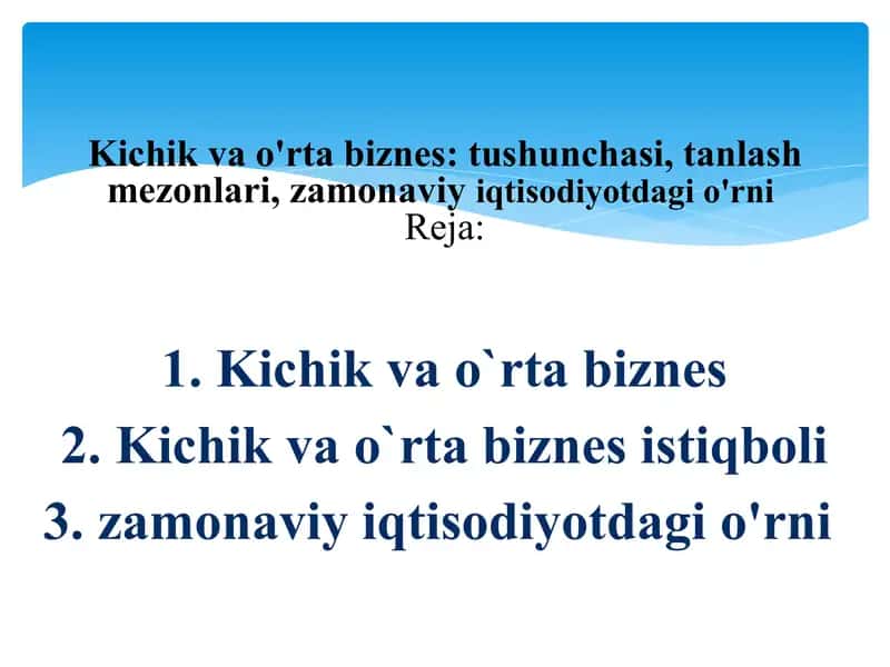 Kichik va o'rta biznes: tushunchasi, tanlash mezonlari, zamonaviy iqtisodiyotdagi o'rni