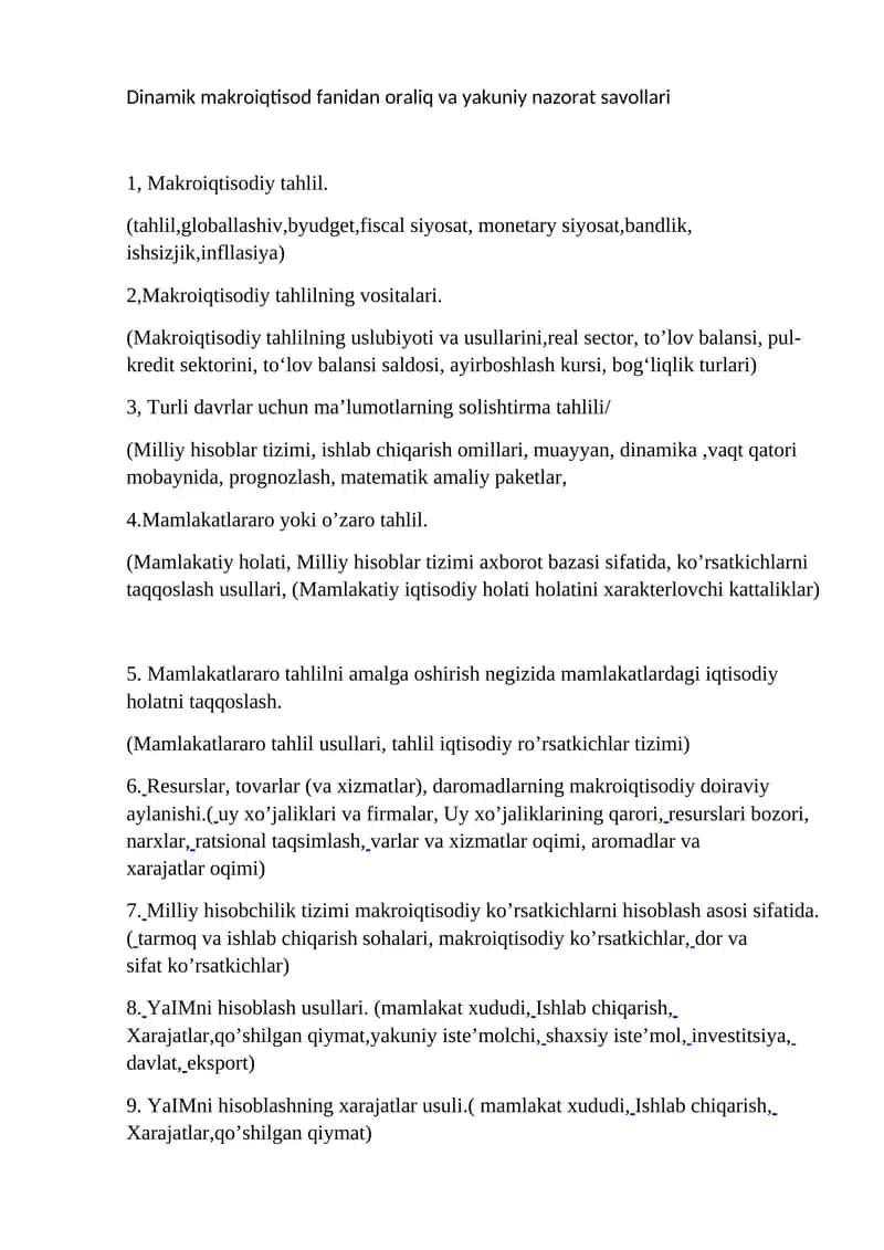 Dinamik makroiqtisod fanidan oraliq va yakuniy nazorat savollari