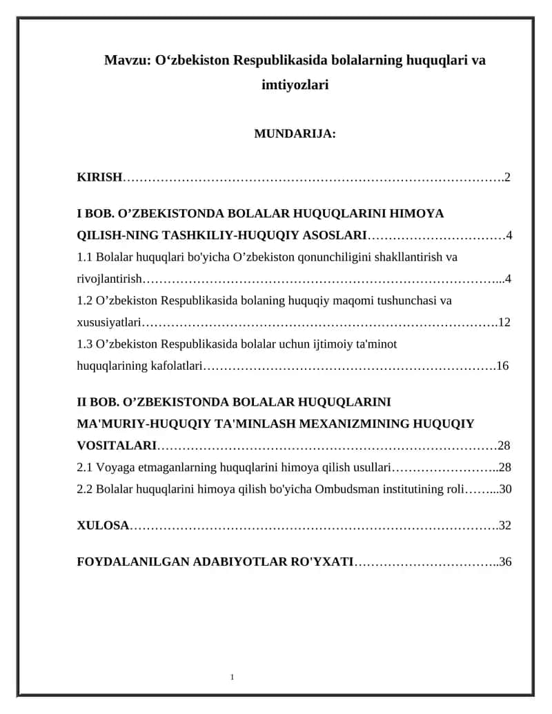 Oʻzbekiston Respublikasida bolalarning huquqlari va imtiyozlari