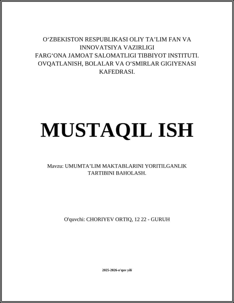 UMUMTAʼLIM MAKTABLARINI YORITILGANLIK TARTIBINI BAHOLASH