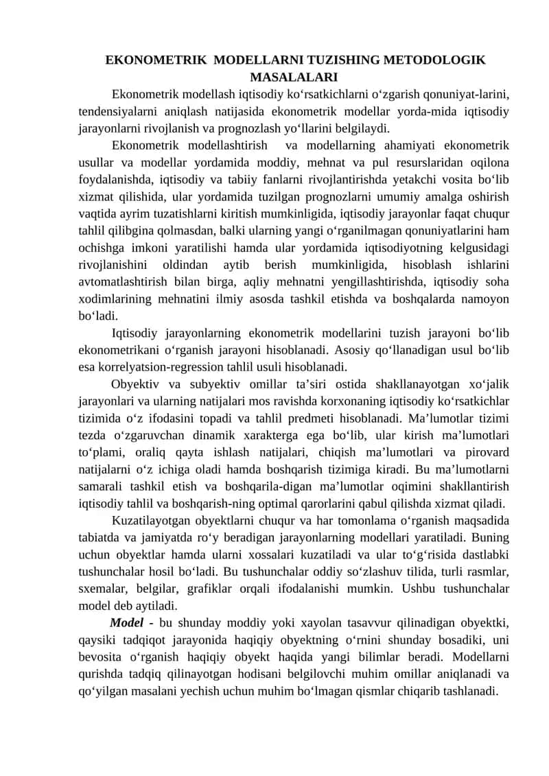 EKONOMETRIK MODELLARNI TUZISHING METODOLOGIK MASALALARI