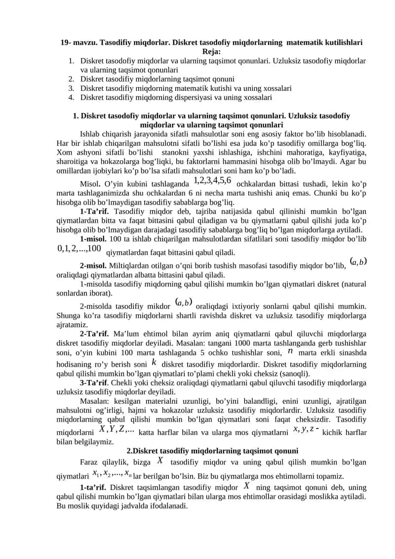 Tasodifiy miqdorlar. Diskret tasodofiy miqdorlarning matematik kutilishlari
