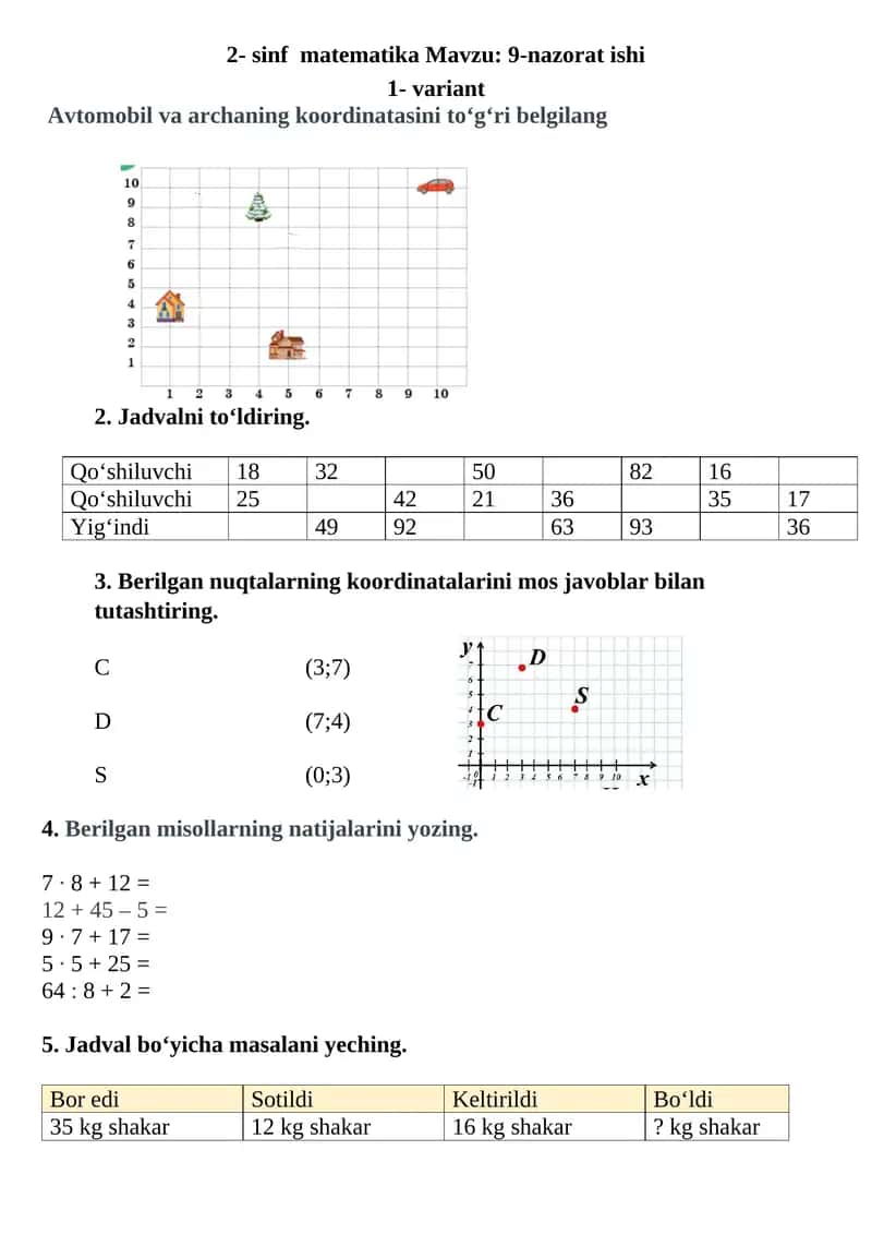2- sinf matematika Mavzu: 9-nazorat ishi