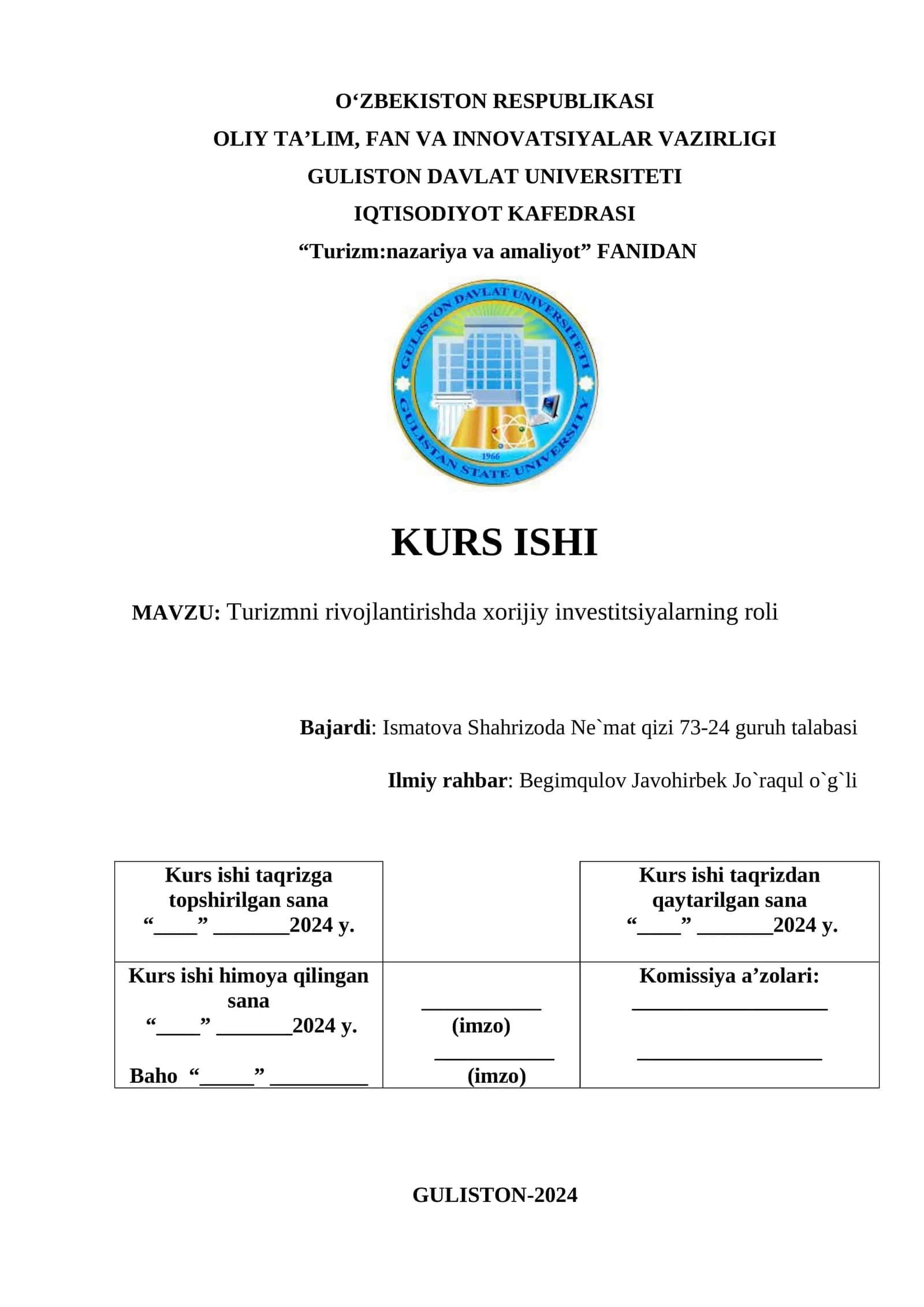Turizmni rivojlantirishda xorijiy investitsiyalarning roli