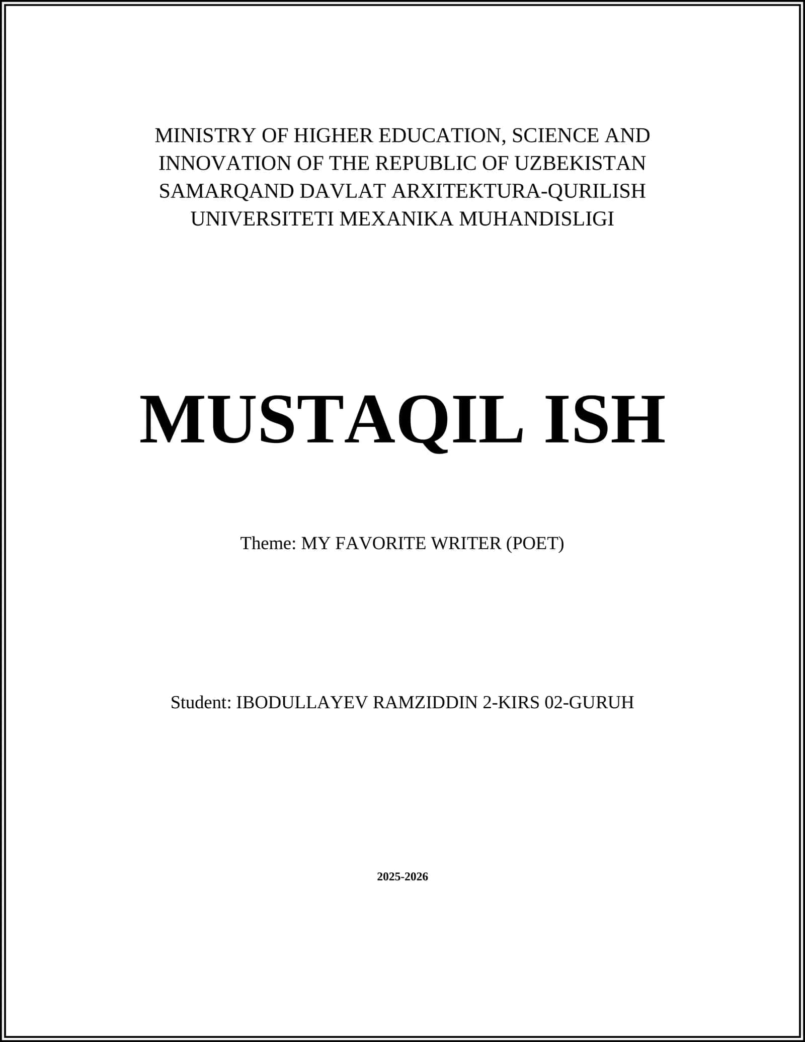 Mavzu: SEVUVOR SHOIRIM (SHOIR)