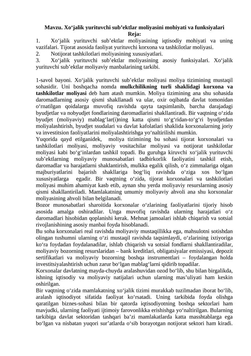 Xo‘jalik yurituvchi sub’ektlar moliyasi