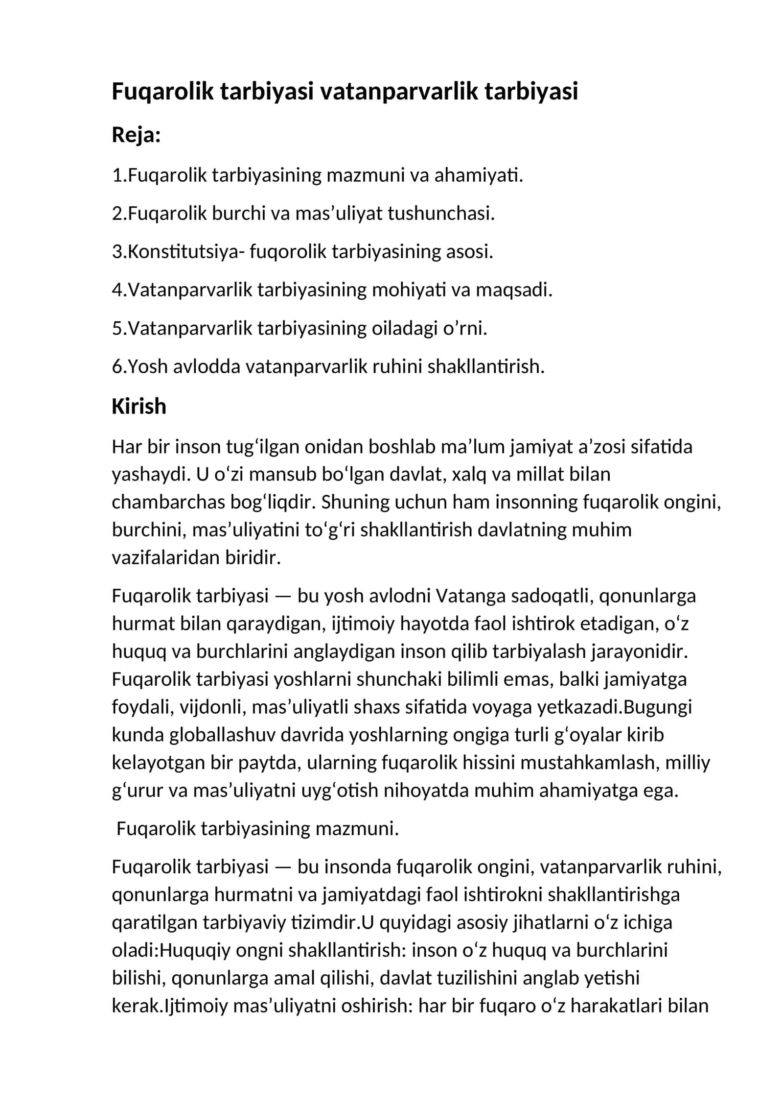 Fuqarolik tarbiyasi vatanparvarlik tarbiyasi