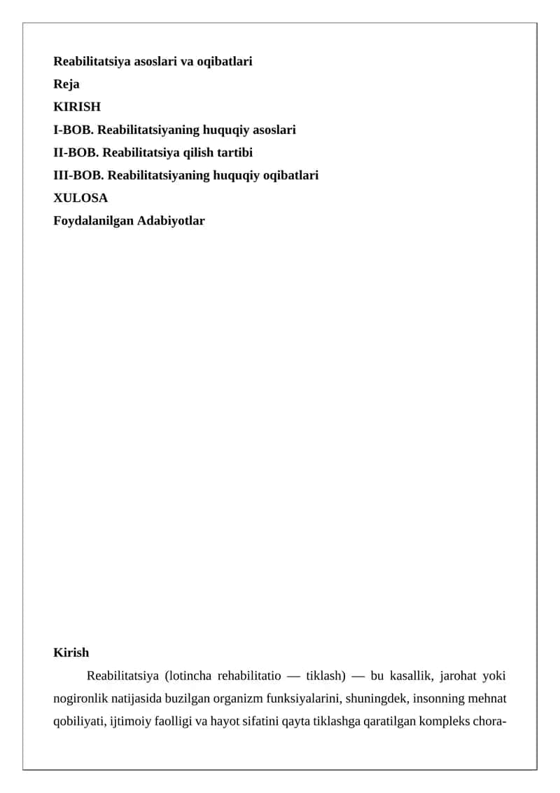 Reabilitatsiya asoslari va oqibatlari
