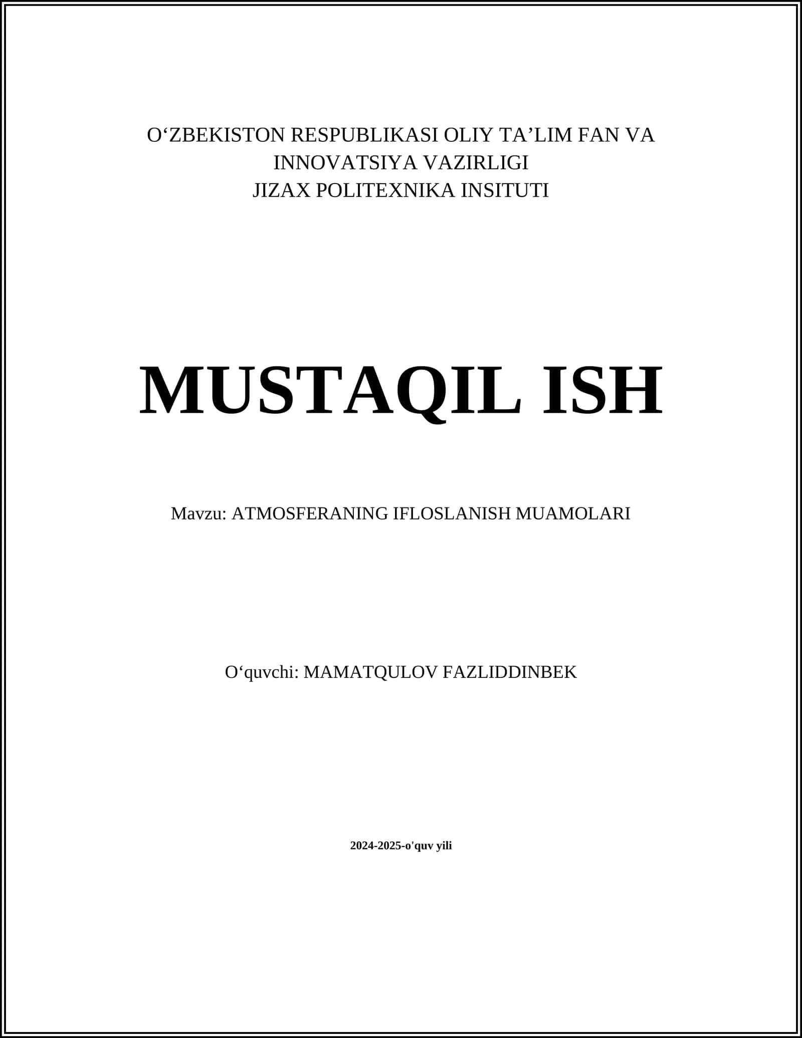 ATMOSFERANING IFLOSLANISH MUAMOLARI